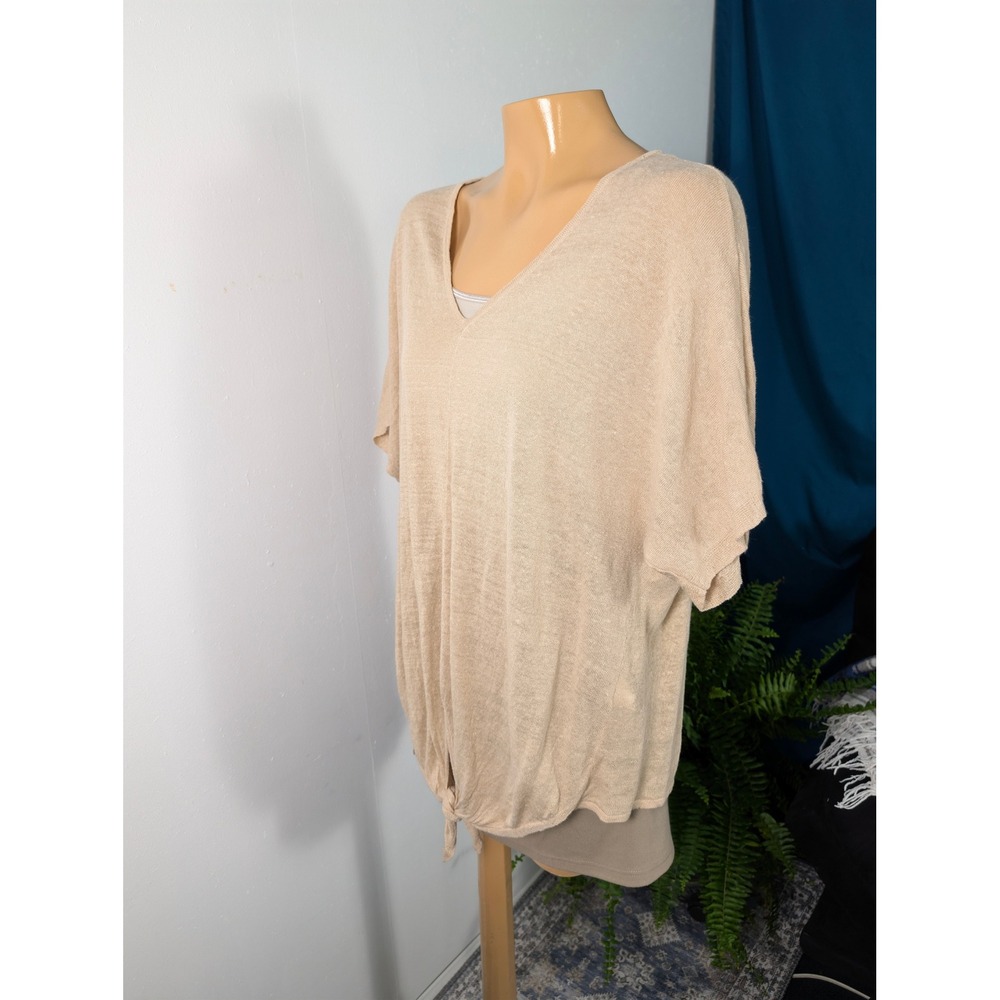 Chico's Front Tie Top Women Size‎ 3 XL Beige Linen Blend VNeck Dolman Sleeve